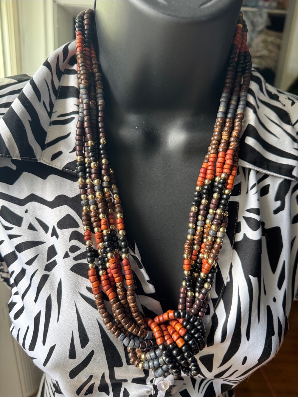 Multi-Strand Beaded Statement Necklace - Black, Brown & Orange